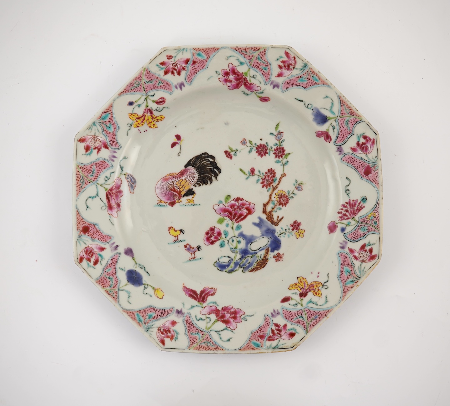 A Chinese famille rose ‘chickens’ octagonal plate, Qianlong period